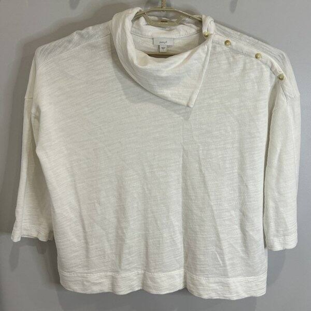 J Jill Pure Jill White Cowl Neck Button Shoulder White‎ 3/4 Sleeve Top Cotton L